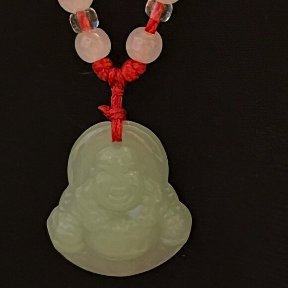 Jewelry - Green Laughing Buddha Glass Pendant on Adjustable Red Cord Necklace